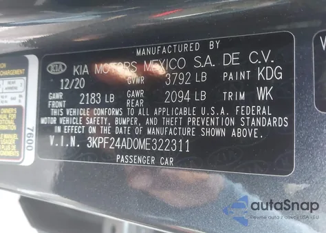 2021 Kia Forte Fe из США, поврежденный, VIN 3KPF24AD0ME322311